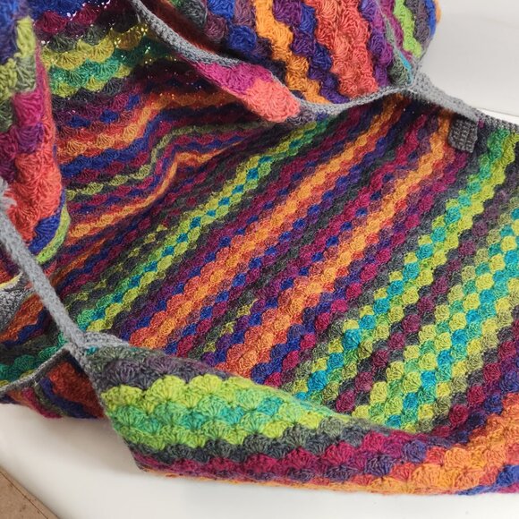 Hand Knit Rainbow Striped Hooded Poncho Unisex Hippie Colorful Yarn - Picture 14 of 14